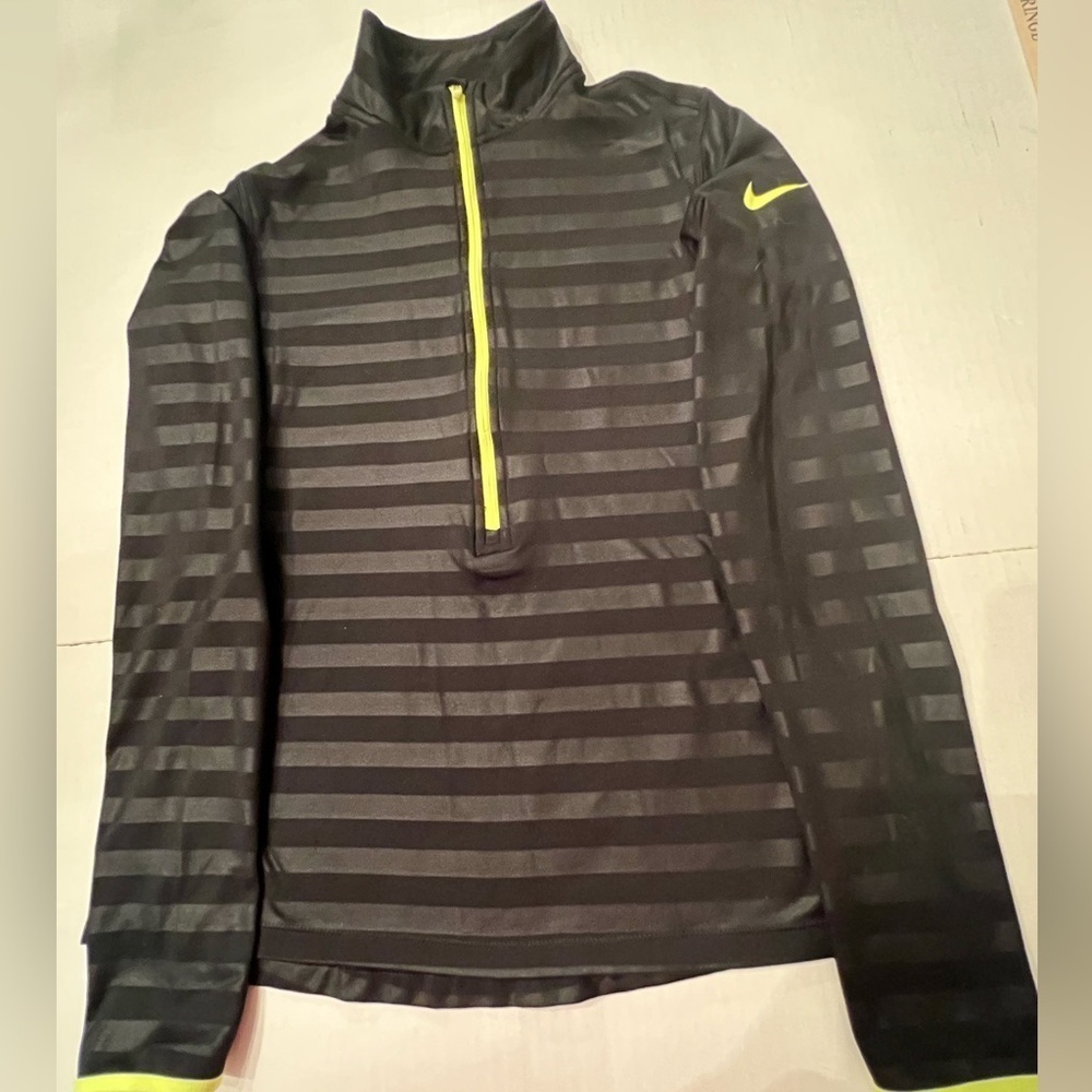 NIKE PRO DRI-FIT YOUTH JACKET. BLACK ON BLACK STRIPE W/ LIME GREEN ZIPPER/TRIM
